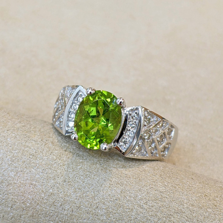 1.47 Ct. Peridot Natural Diamond Pave Ring, 14K White Gold