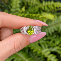 1.47 Ct. Peridot Natural Diamond Pave Ring, 14K White Gold Life Style