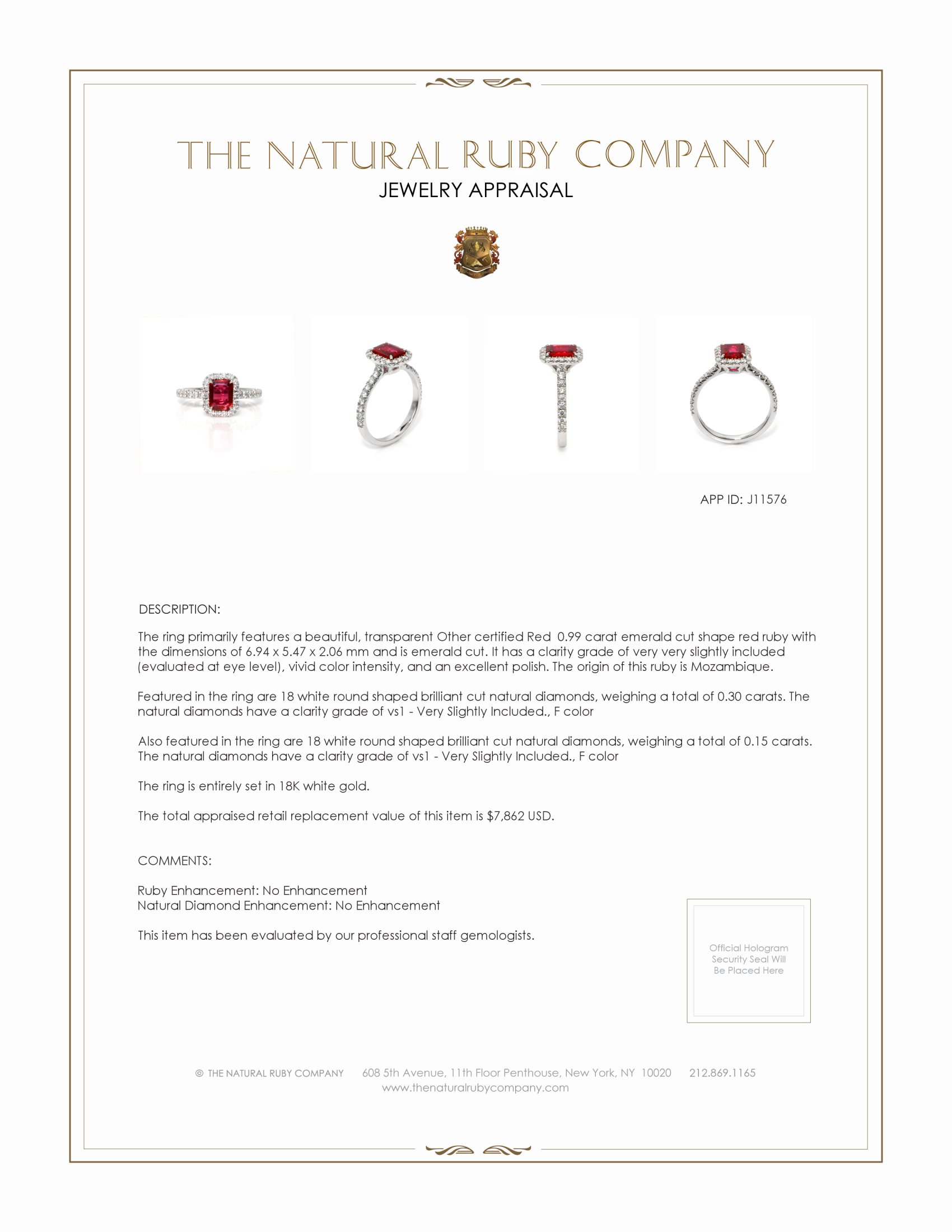 0.99 Ct. Ruby and Natural Diamond Pave Ring, 18K White Gold