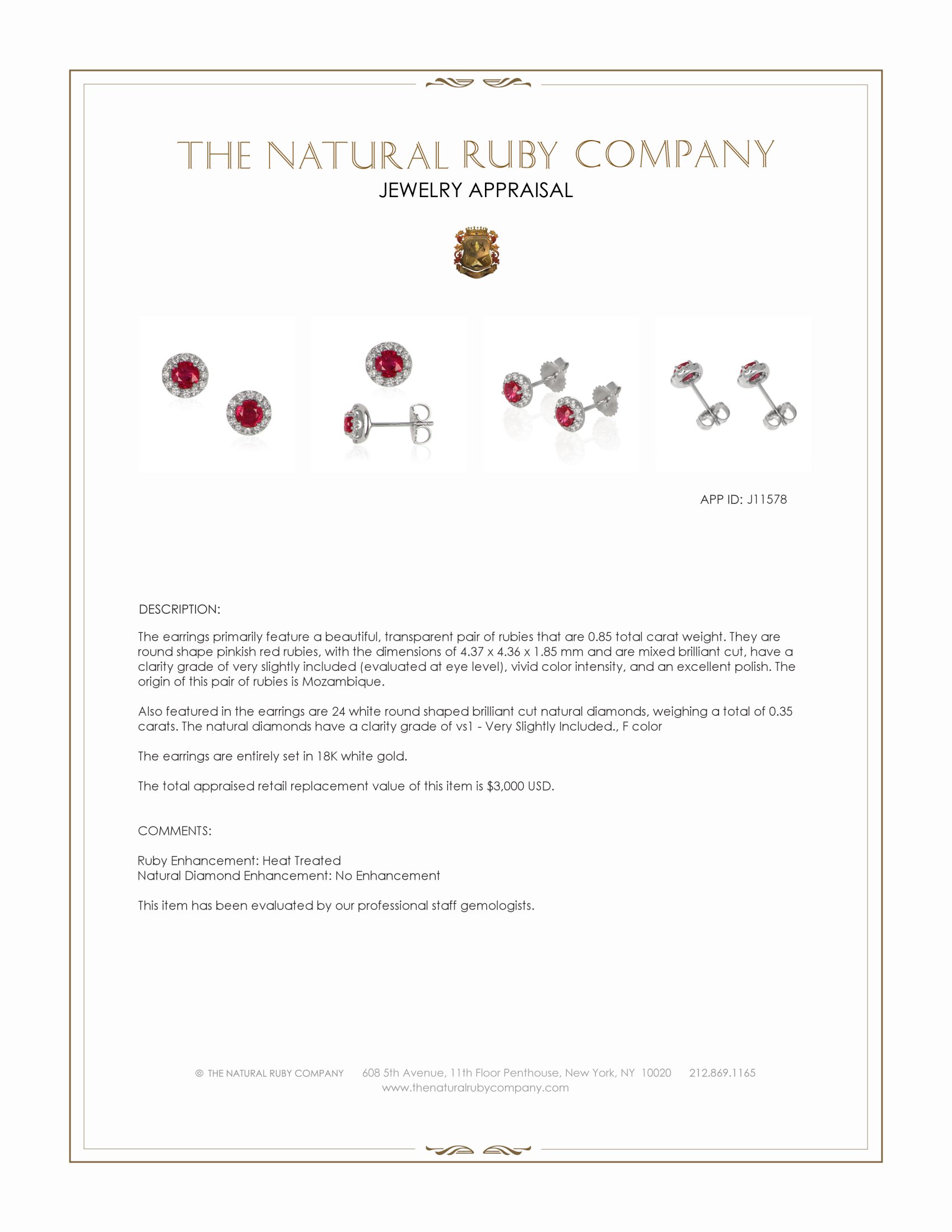 0.85 Ct.Tw. Pinkish Red Ruby and Natural Diamond Studs Earrings, 18K White Gold