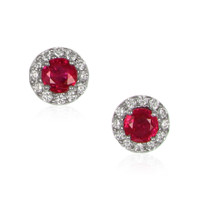 0.85 Ct.Tw.Total Carat Weight Pinkish Red Ruby and Natural Diamond Studs Earrings, 18K White Gold Video