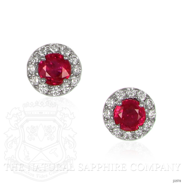 0.85 Ct.Tw. Pinkish Red Ruby and Natural Diamond Studs Earrings, 18K White Gold