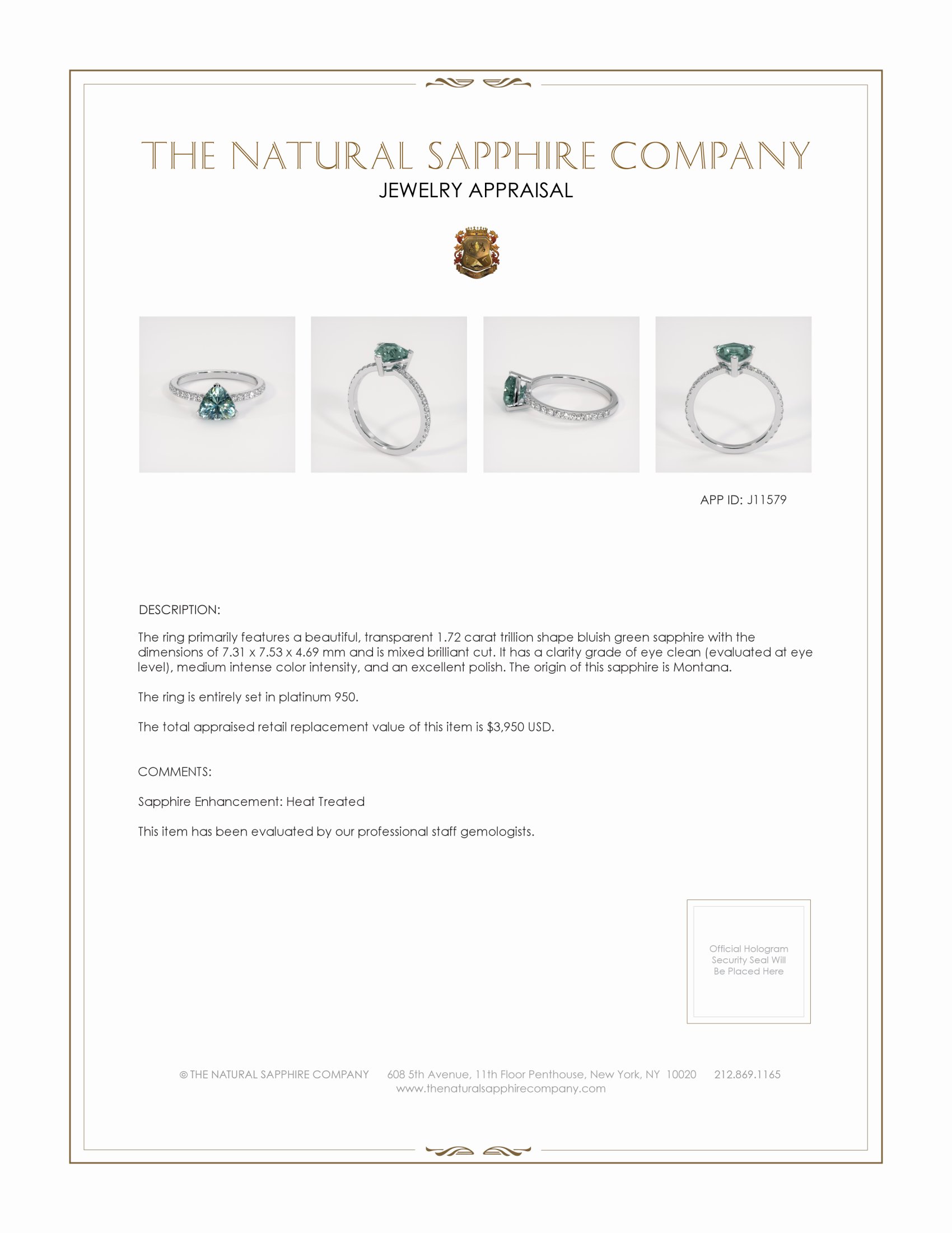 1.72 Ct. Bluish Green Sapphire Pave Ring, Platinum 950