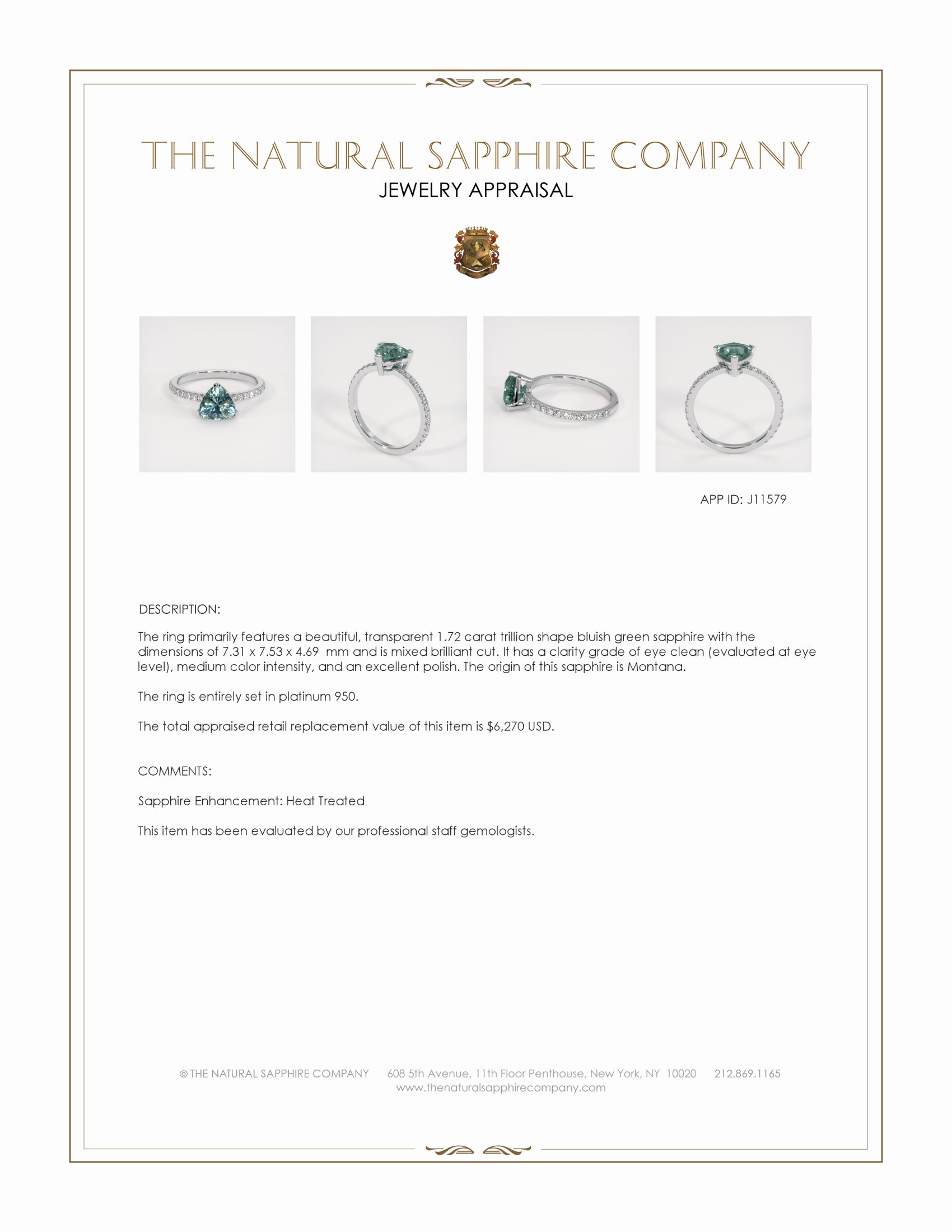 1.72 Ct. Bluish Green Sapphire Pave Ring, Platinum 950