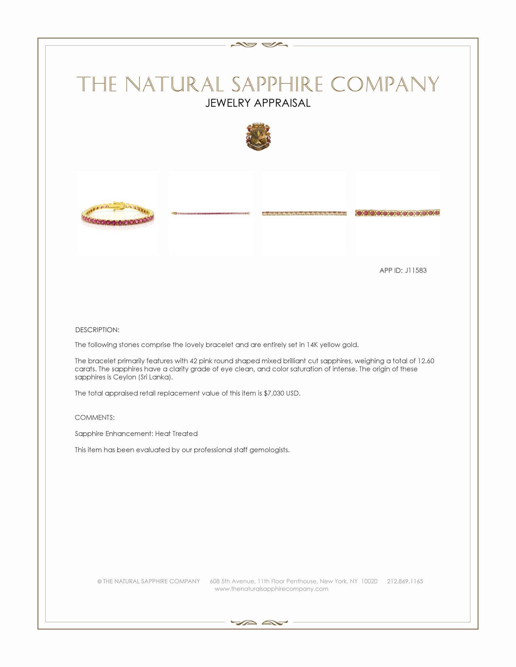 12.60 Ct.Tw. Pink Sapphire Tennis/Riviere Bracelet, 14K Yellow Gold