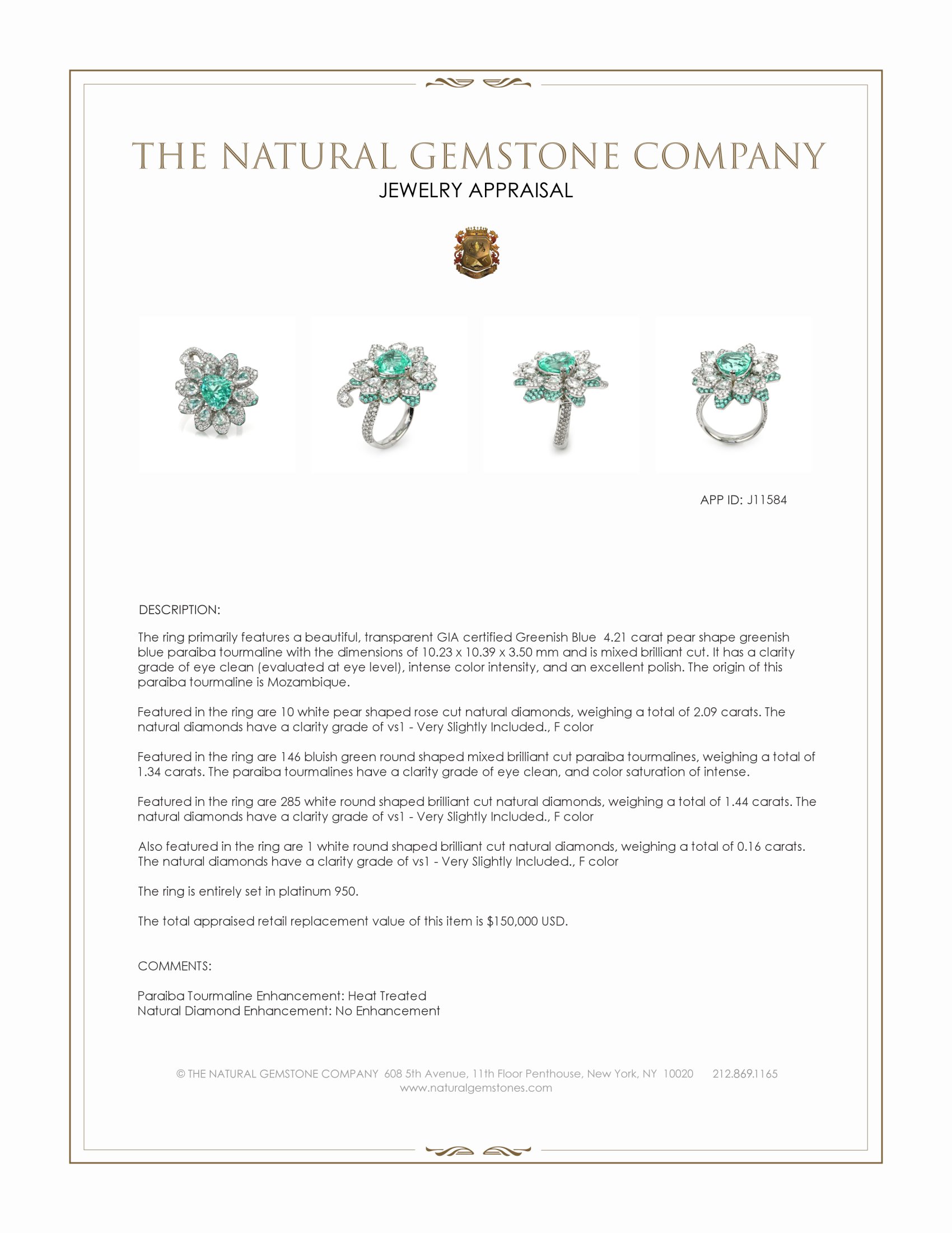 4.21 Ct. Paraiba Tourmaline Natural Diamond Pave Ring, Platinum 950