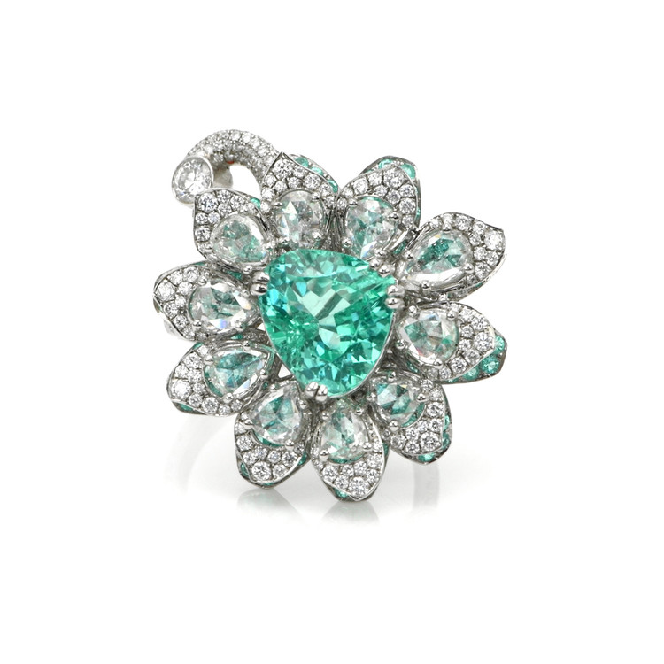 4.21 Ct. Paraiba Tourmaline Natural Diamond Pave Ring, Platinum 950