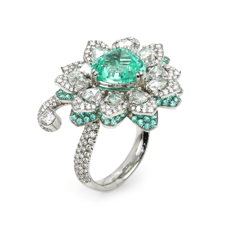 4.21 Ct. Paraiba Tourmaline Natural Diamond Pave Ring, Platinum 950