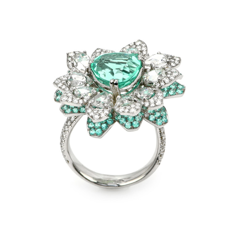 4.21 Ct. Paraiba Tourmaline Natural Diamond Pave Ring, Platinum 950