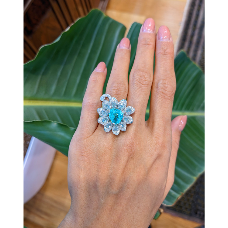 4.21 Ct. Paraiba Tourmaline Natural Diamond Pave Ring, Platinum 950