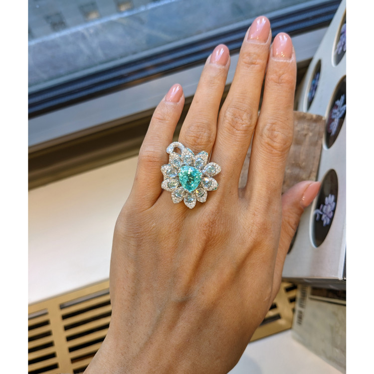 4.21 Ct. Paraiba Tourmaline Natural Diamond Pave Ring, Platinum 950