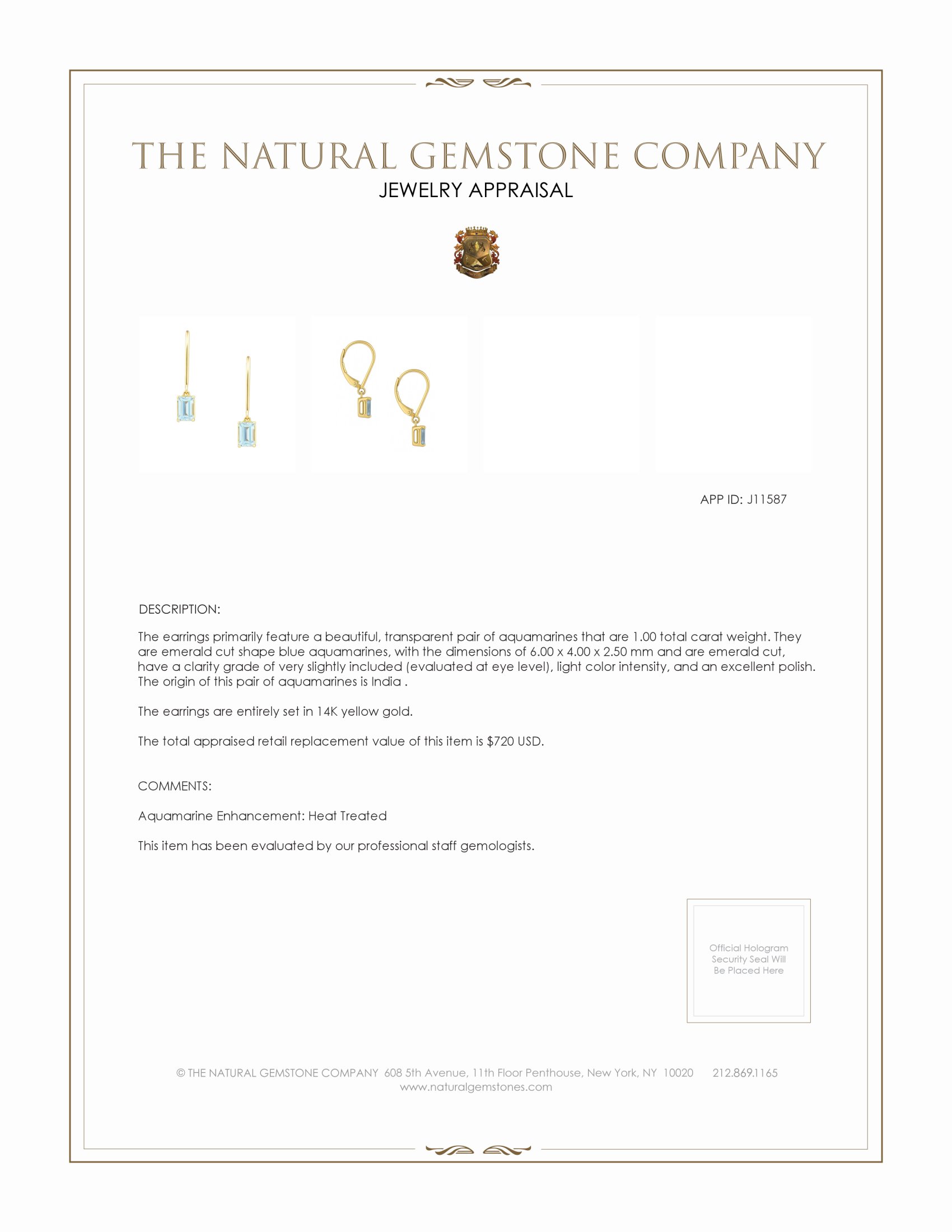 1.00 Ct.Tw. Aquamarine Drops Earrings, 14K Yellow Gold