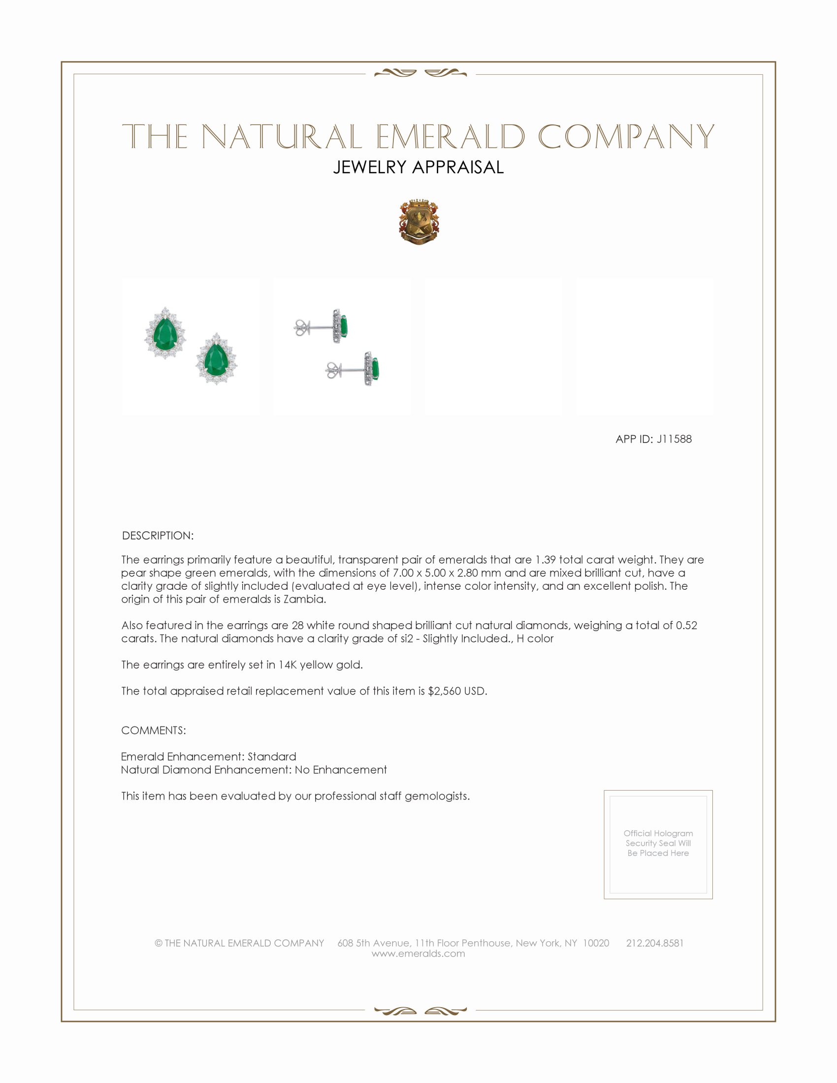 1.39 Ct.Tw. Emerald Natural Diamond Studs Earrings, 14K Yellow Gold