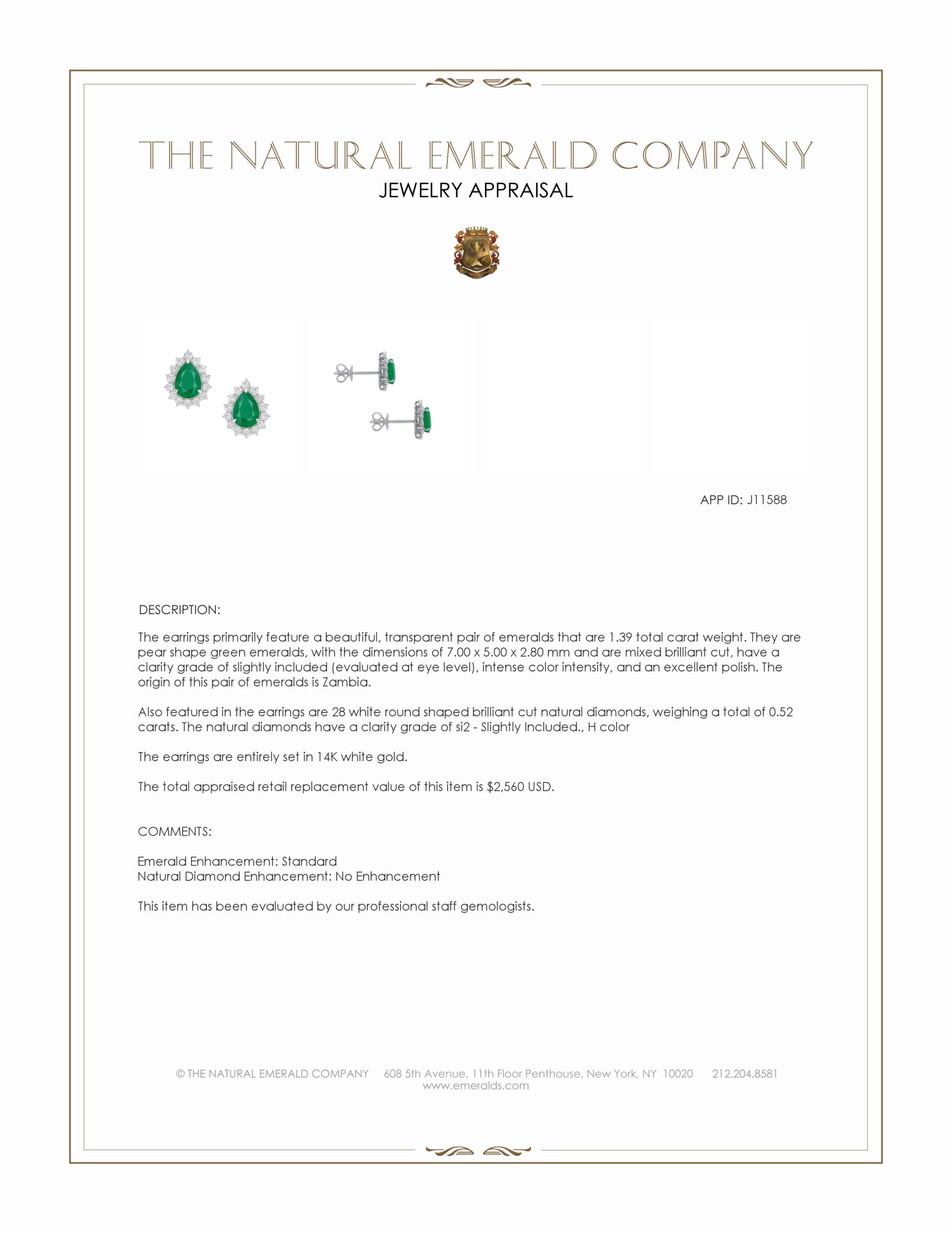 1.39 Ct.Tw. Emerald and Natural Diamond Studs Earrings, 14K White Gold