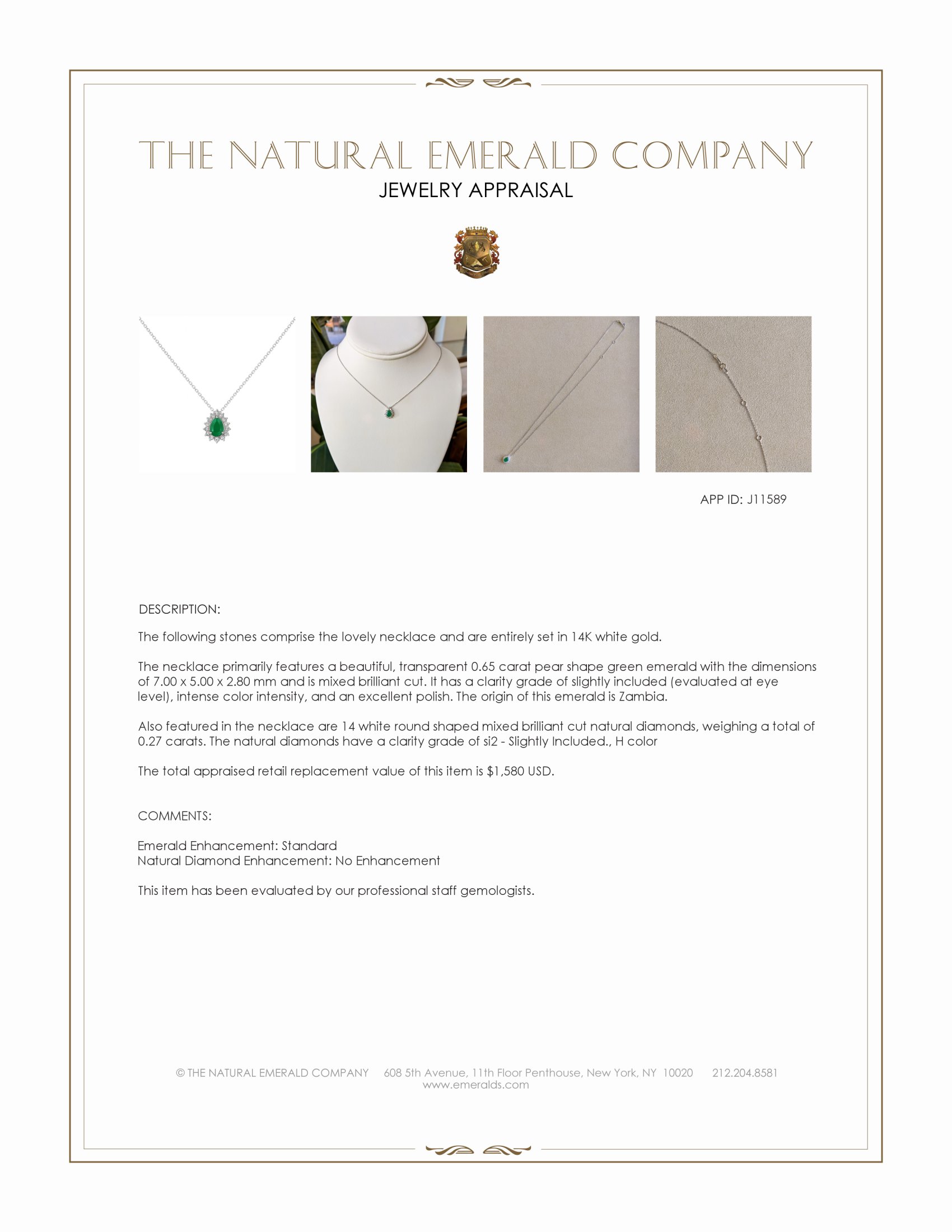 0.65 Ct. Emerald Natural Diamond Halo Necklace, 14K White Gold