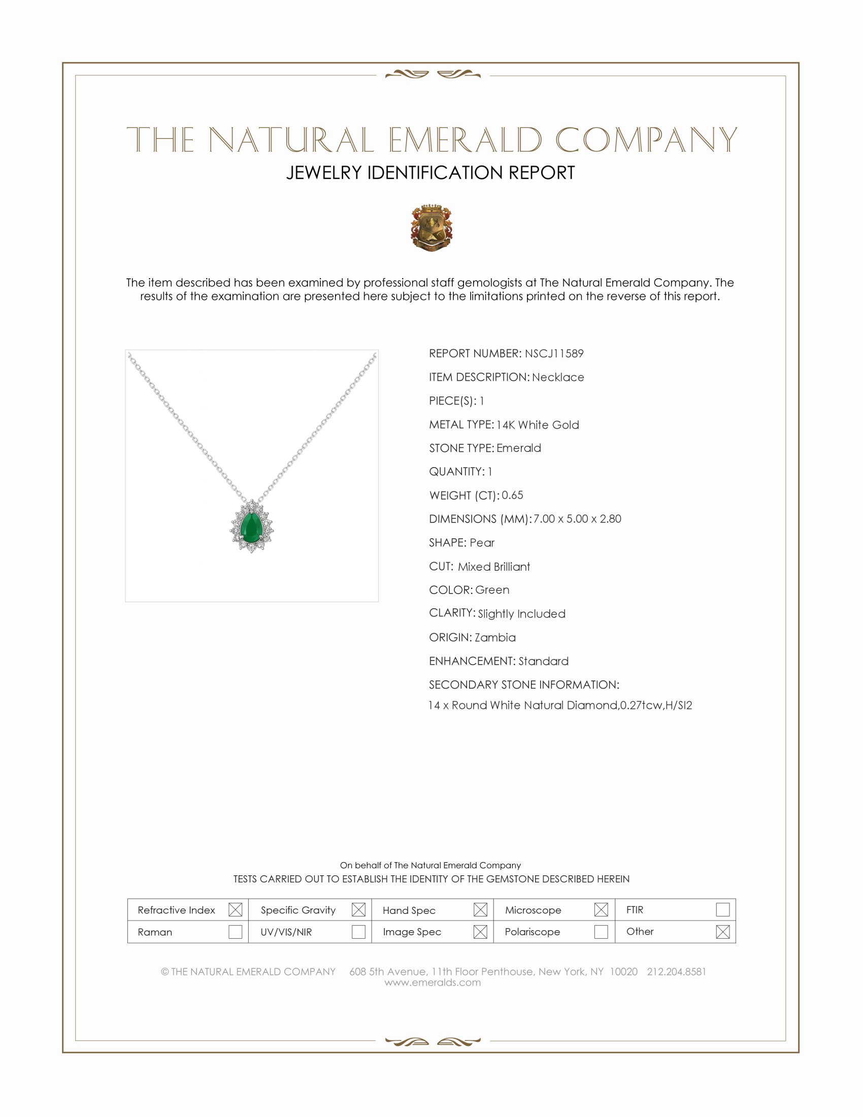 0.65 Ct. Emerald and Natural Diamond Halo Necklace, 14K White Gold