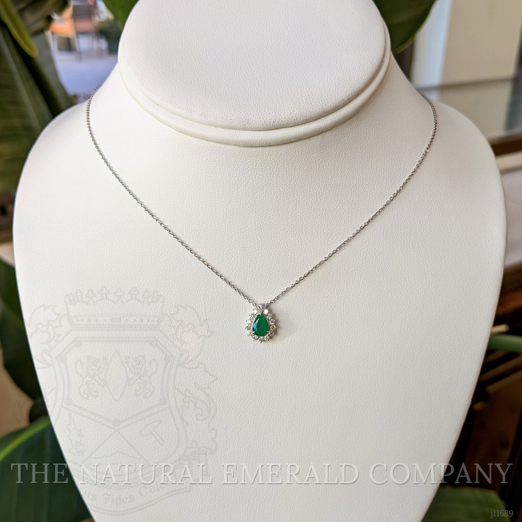 0.65 Ct. Emerald Natural Diamond Halo Necklace, 14K White Gold