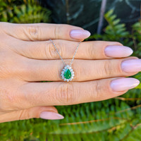 0.65 Ct. Emerald Natural Diamond Halo Necklace, 14K White Gold Life Style