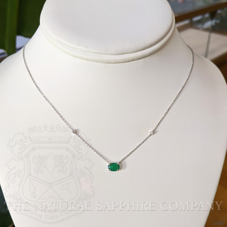 0.55 Ct. Emerald and Natural Diamond Accent Stones Necklace, 14K White Gold