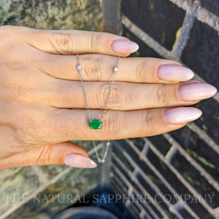 0.55 Ct. Emerald and Natural Diamond Accent Stones Necklace, 14K White Gold