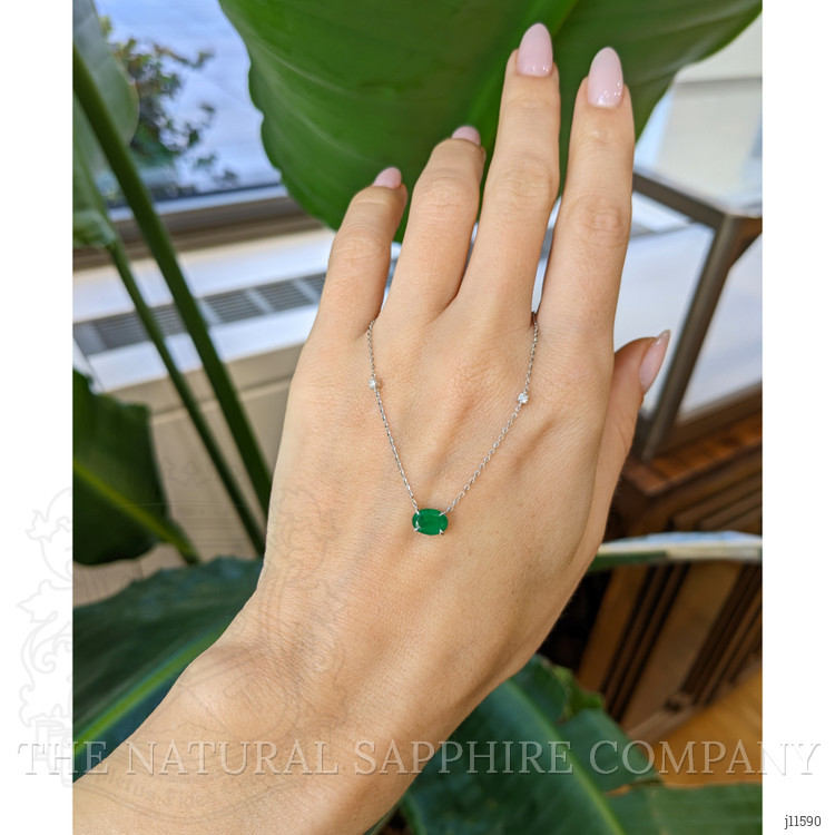 0.55 Ct. Emerald and Natural Diamond Accent Stones Necklace, 14K White Gold