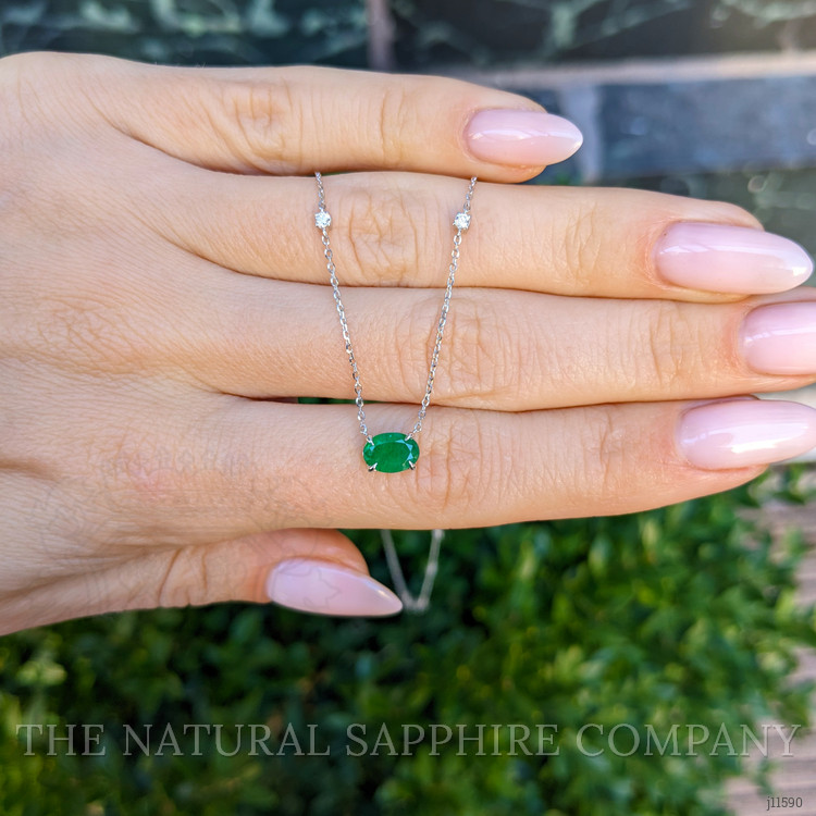 0.55 Ct. Emerald and Natural Diamond Accent Stones Necklace, 14K White Gold