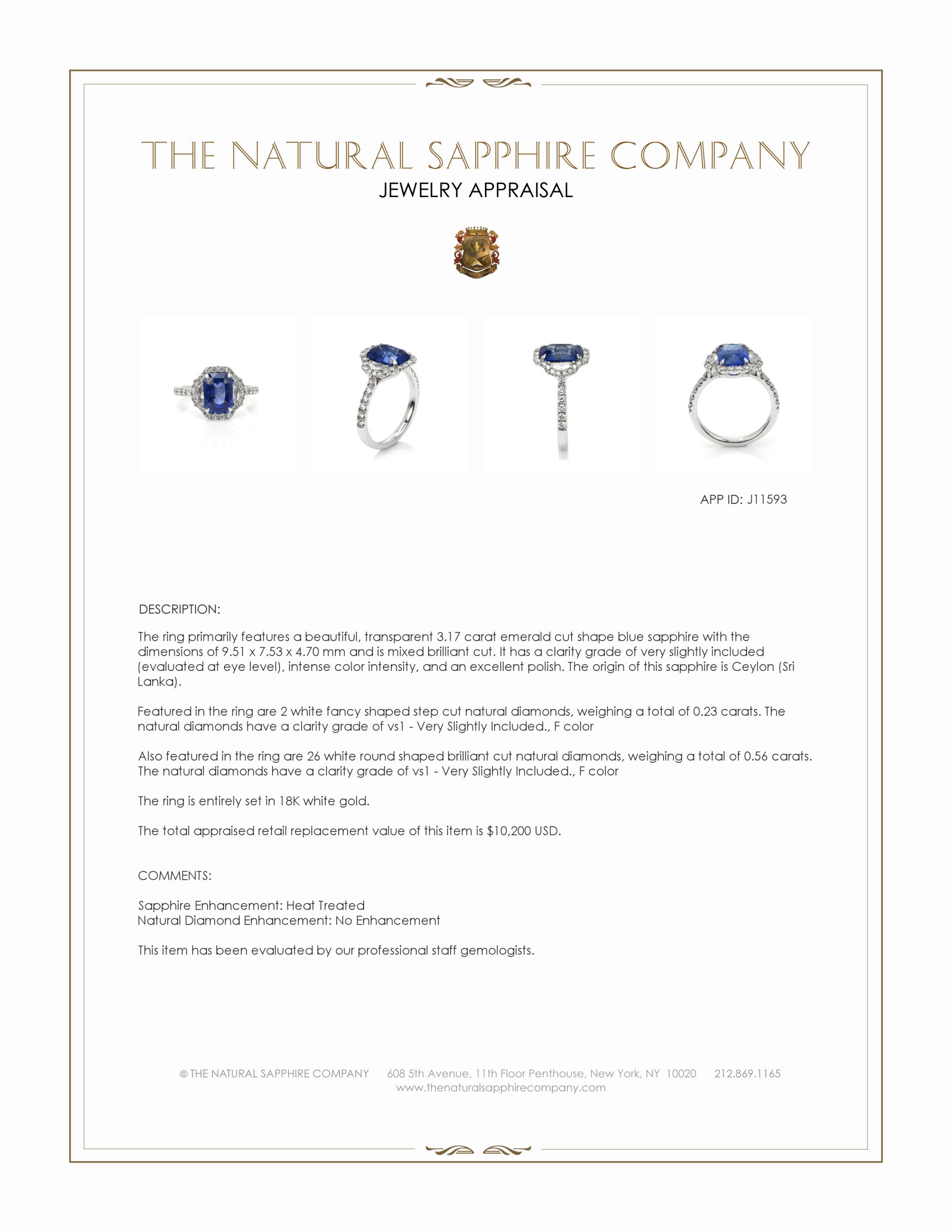 3.17 Ct. Blue Sapphire and Natural Diamond Pave Ring, 18K White Gold