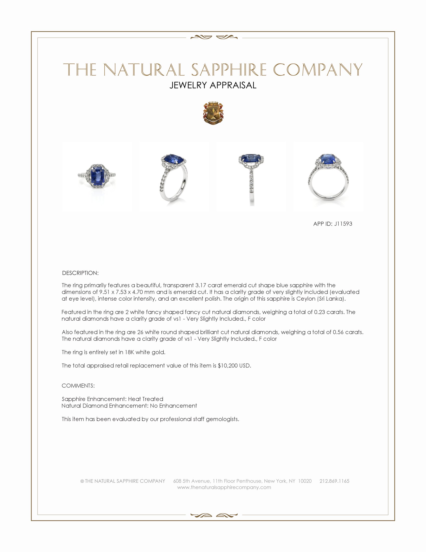 3.17 Ct. Blue Sapphire and Natural Diamond Pave Ring, 18K White Gold