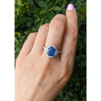 3.17 Ct. Blue Sapphire and Natural Diamond Pave Ring, 18K White Gold Life Style