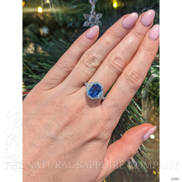 3.17 Ct. Blue Sapphire and Natural Diamond Pave Ring, 18K White Gold