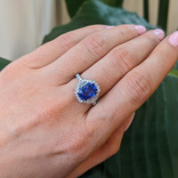 3.17 Ct. Blue Sapphire and Natural Diamond Pave Ring, 18K White Gold Life Style