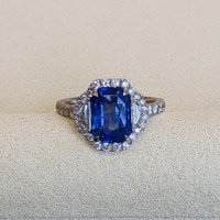 3.17 Ct. Blue Sapphire and Natural Diamond Pave Ring, 18K White Gold Life Style