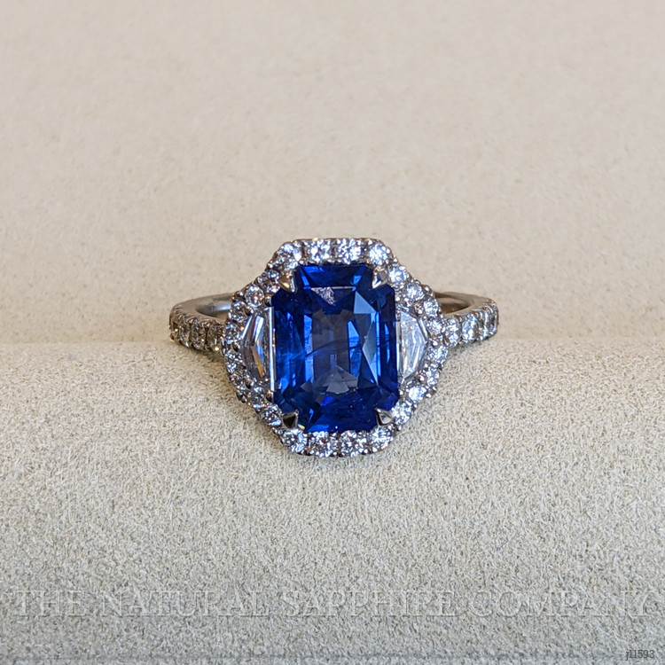 3.17 Ct. Blue Sapphire and Natural Diamond Pave Ring, 18K White Gold