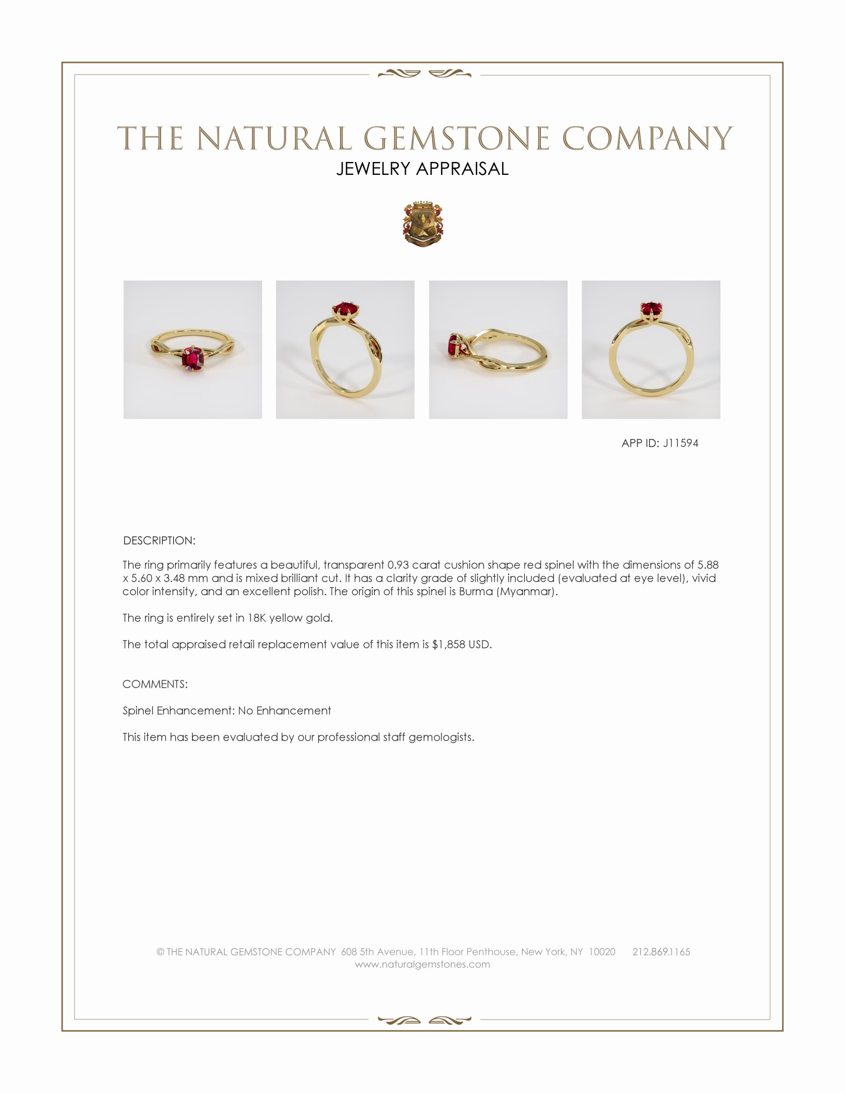 0.93 Ct. Spinel Solitaire Ring, 18K Yellow Gold