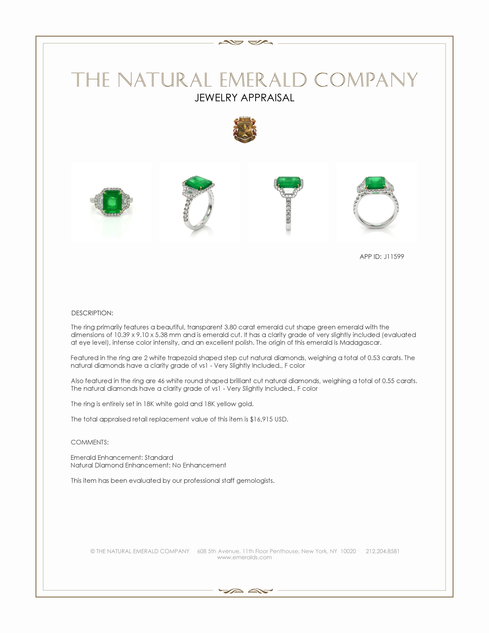 3.80 Ct. Emerald and Natural Diamond Three Stone Ring, 18K White & Yellow