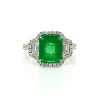 3.80 Ct. Emerald Natural Diamond Three Stone Ring, 18K White & Yellow Video