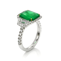 3.80 Ct. Emerald Natural Diamond Three Stone Ring, 18K White & Yellow Image