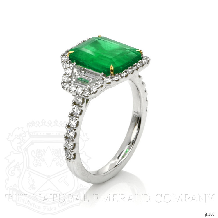 3.80 Ct. Emerald Natural Diamond Three Stone Ring, 18K White & Yellow