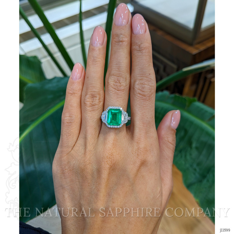 3.80 Ct. Emerald and Natural Diamond Three Stone Ring, 18K White & Yellow