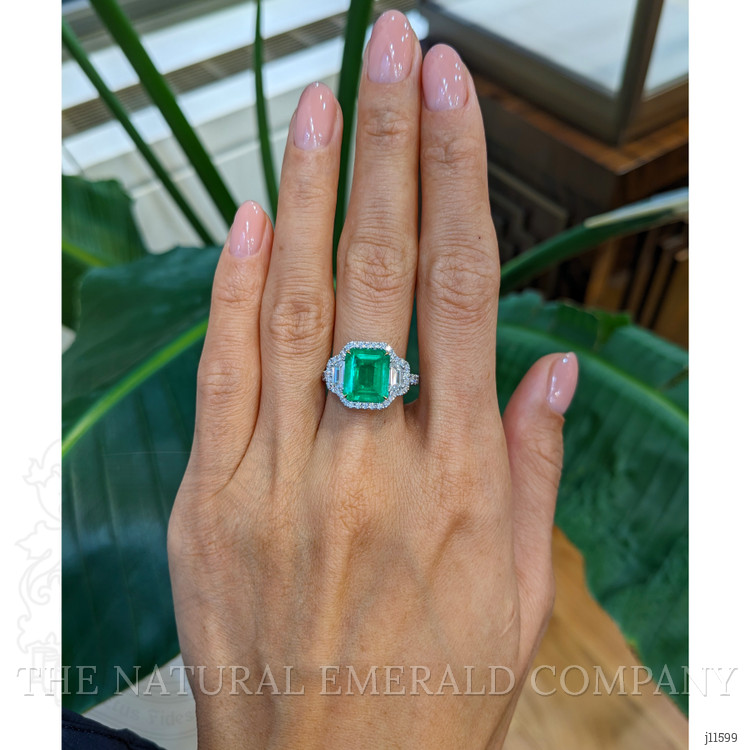 3.80 Ct. Emerald and Natural Diamond Three Stone Ring, 18K White & Yellow