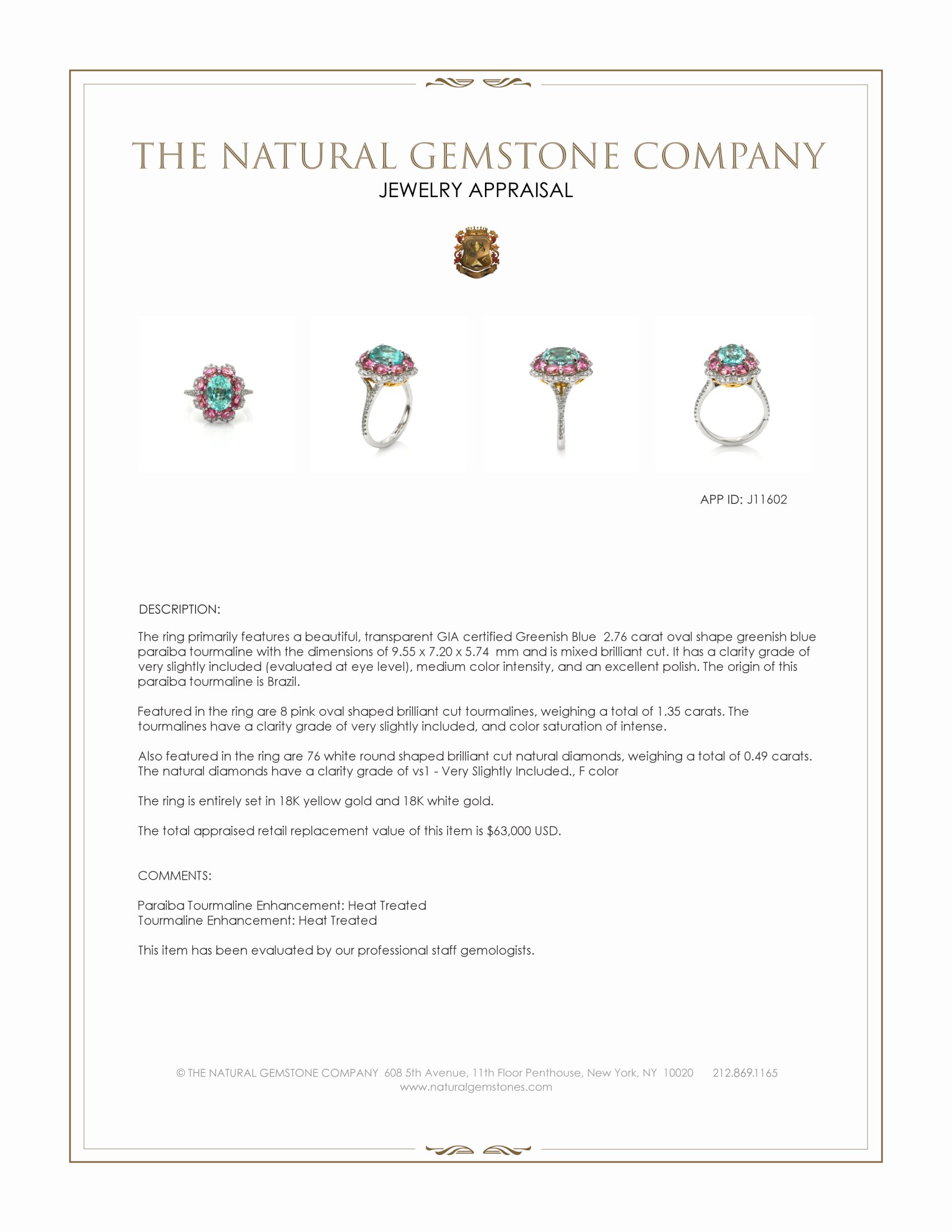 2.76 Ct. Greenish Blue Paraiba Tourmaline, Pink Tourmaline and Natural Diamond Pave Ring, 18K Yellow & White