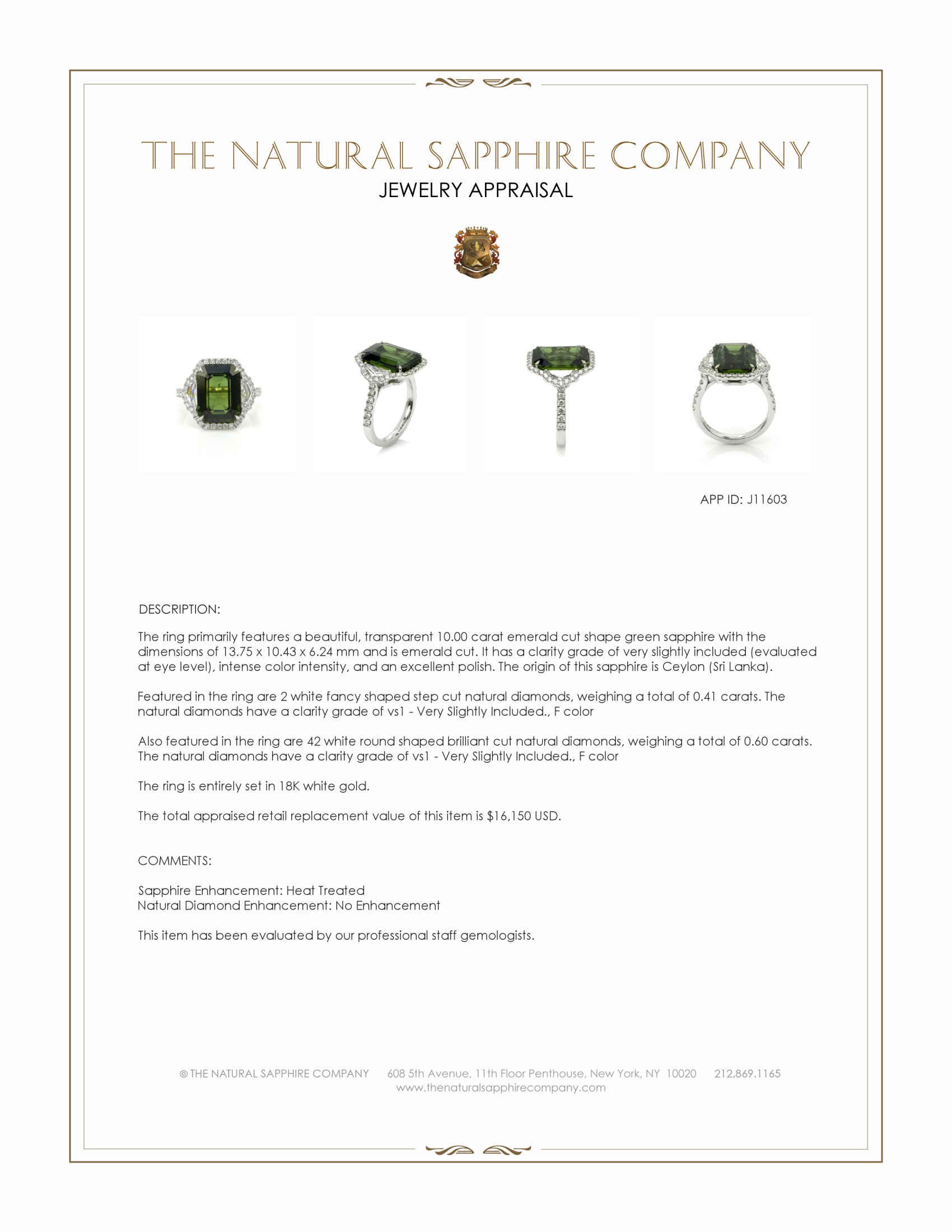 10.00 Ct. Green Sapphire and Natural Diamond Three Stone Ring, 18K White Gold