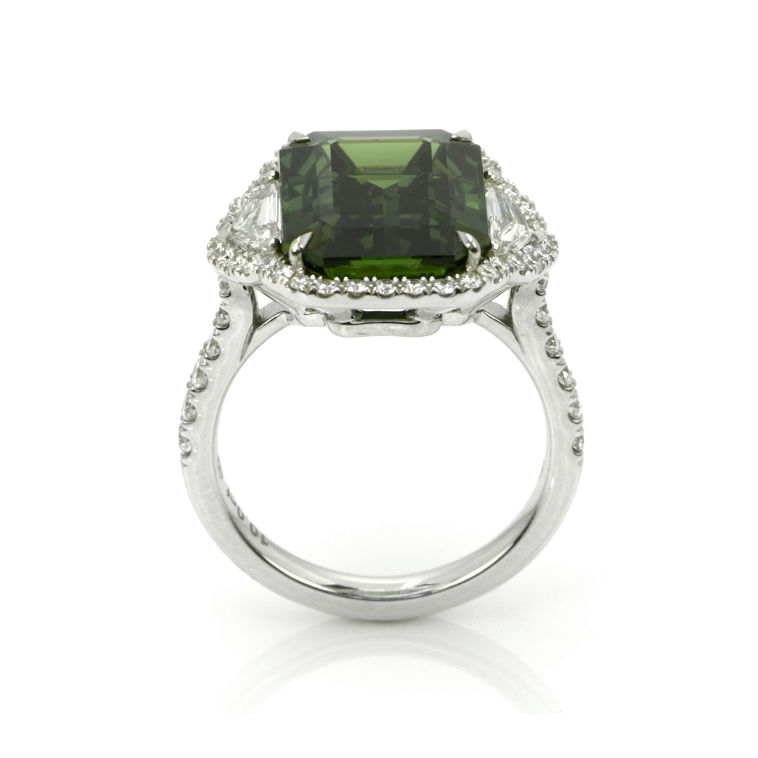 Green Sapphire and Natural Diamond Three Stone Ring - Emerald Cut