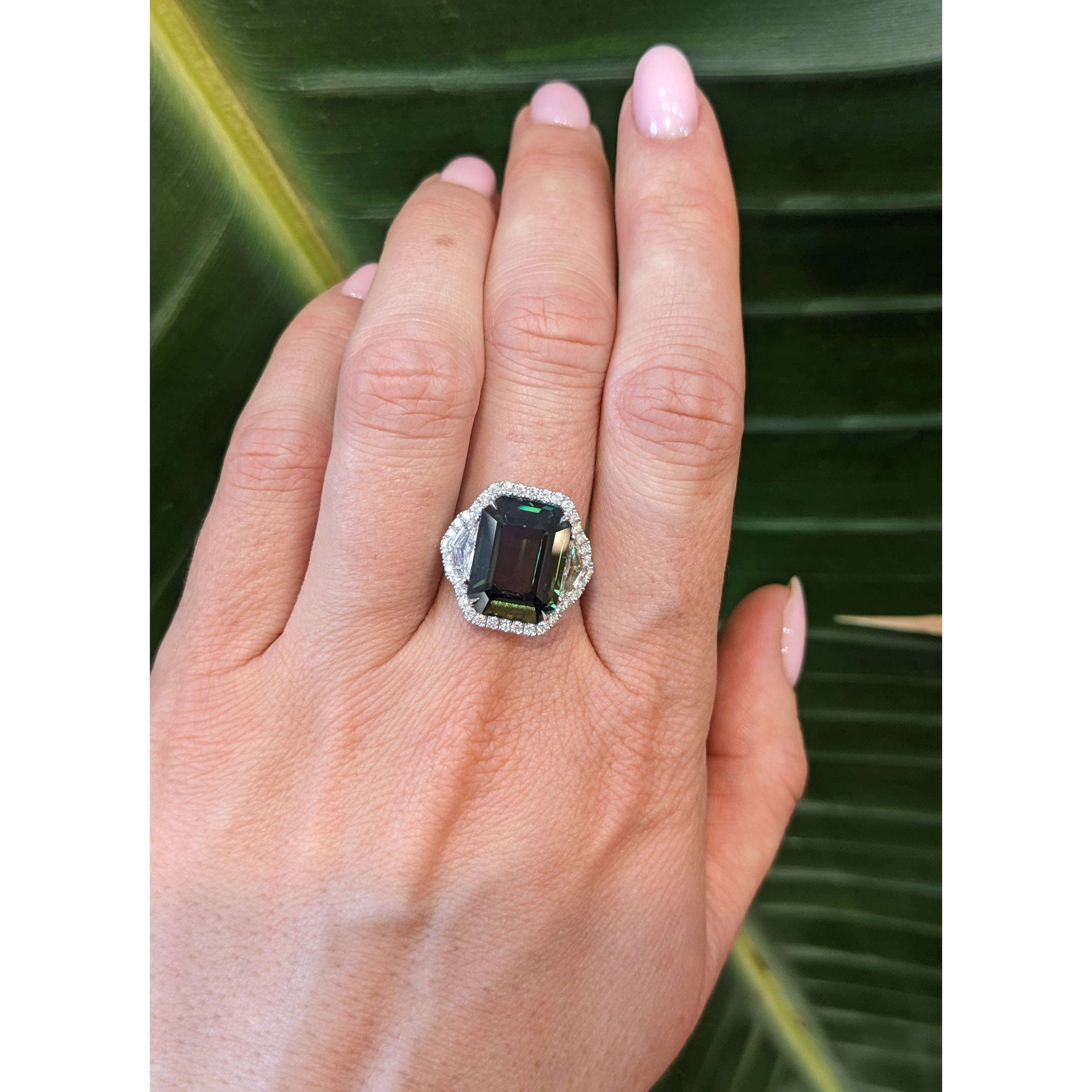 Green Sapphire and Natural Diamond Three Stone Ring - Emerald Cut