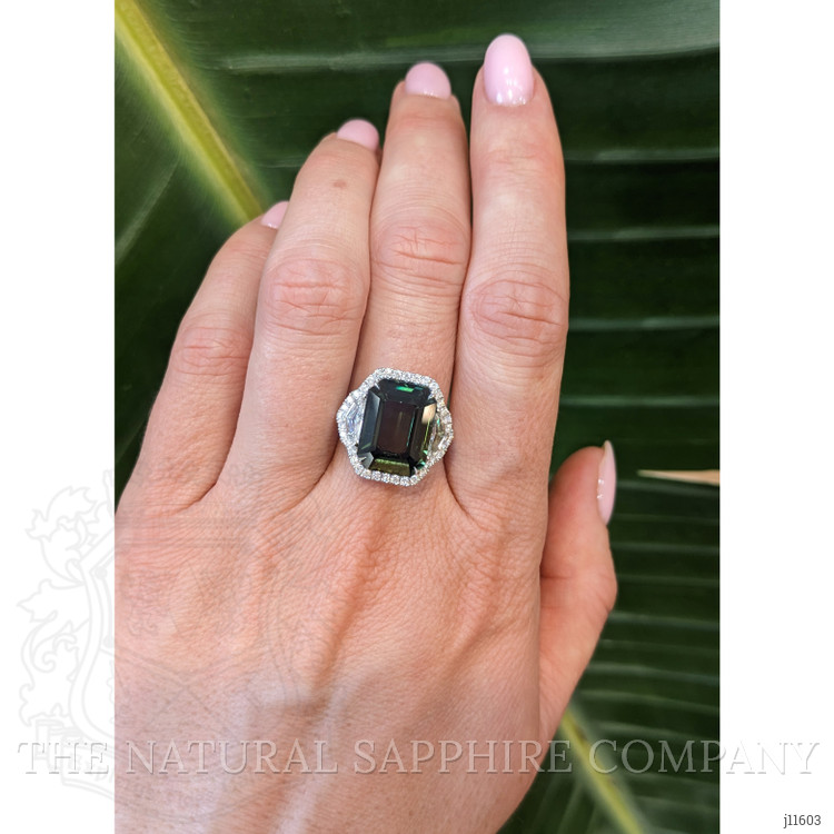 10.00 Ct. Green Sapphire and Natural Diamond Three Stone Ring, 18K White Gold