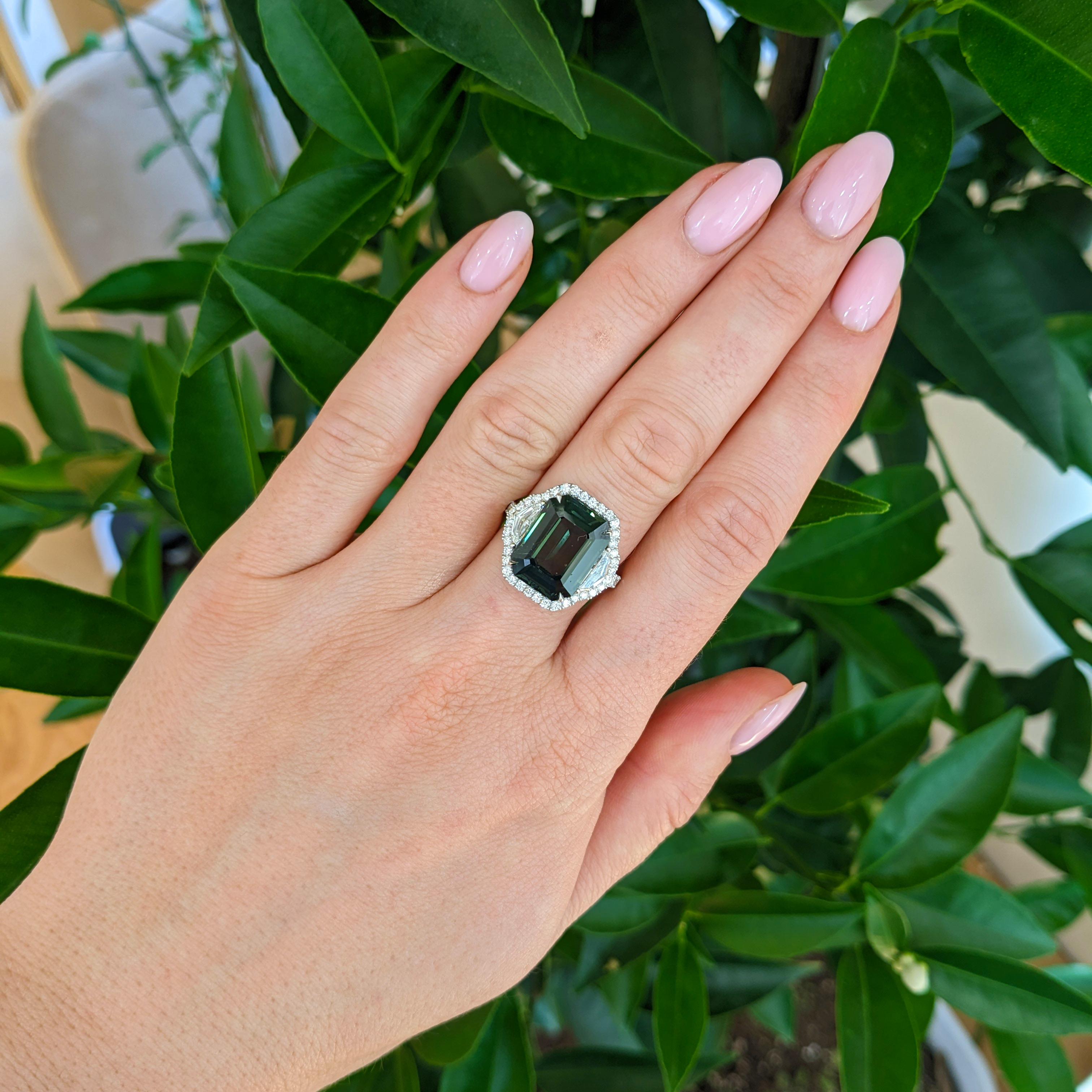 Green Sapphire and Natural Diamond Three Stone Ring - Emerald Cut