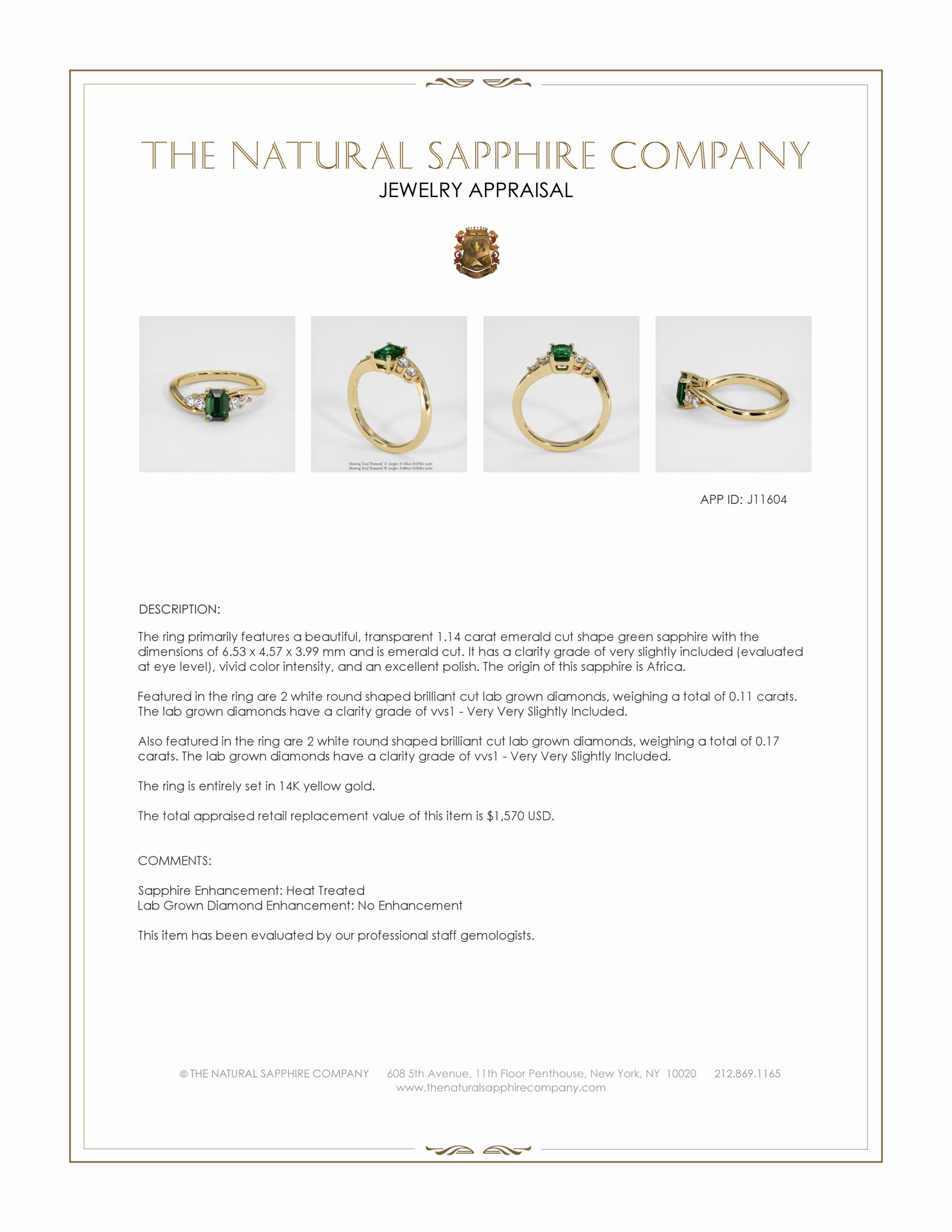 1.14 Ct. Green Sapphire and Lab Grown Diamond Accent Stones Ring, 14K Yellow Gold