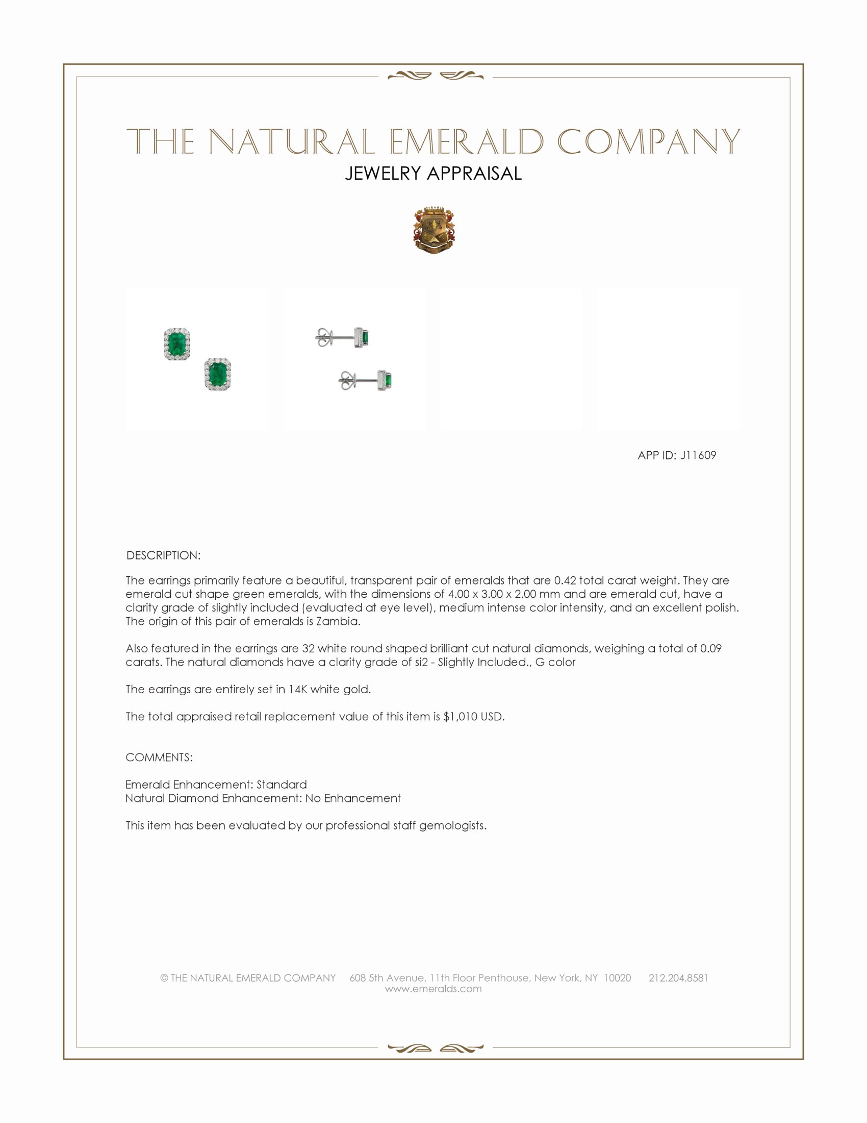 0.42 Ct.Tw. Emerald and Natural Diamond Studs Earrings, 14K White Gold