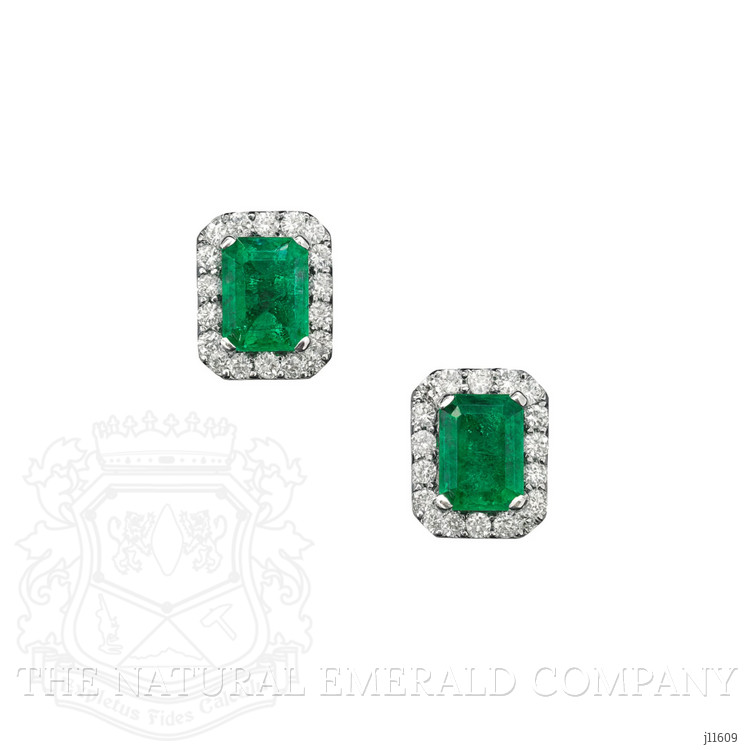 0.42 Ct.Tw. Emerald and Natural Diamond Studs Earrings, 14K White Gold