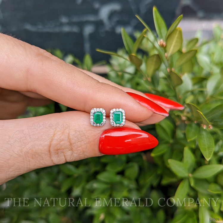 0.42 Ct.Tw. Emerald and Natural Diamond Studs Earrings, 14K White Gold